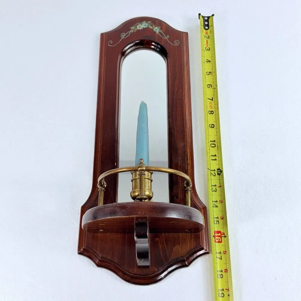 Vintage Cornwall Industries Wood Mirrored Wall Candle Sconce Brass Holder Floral